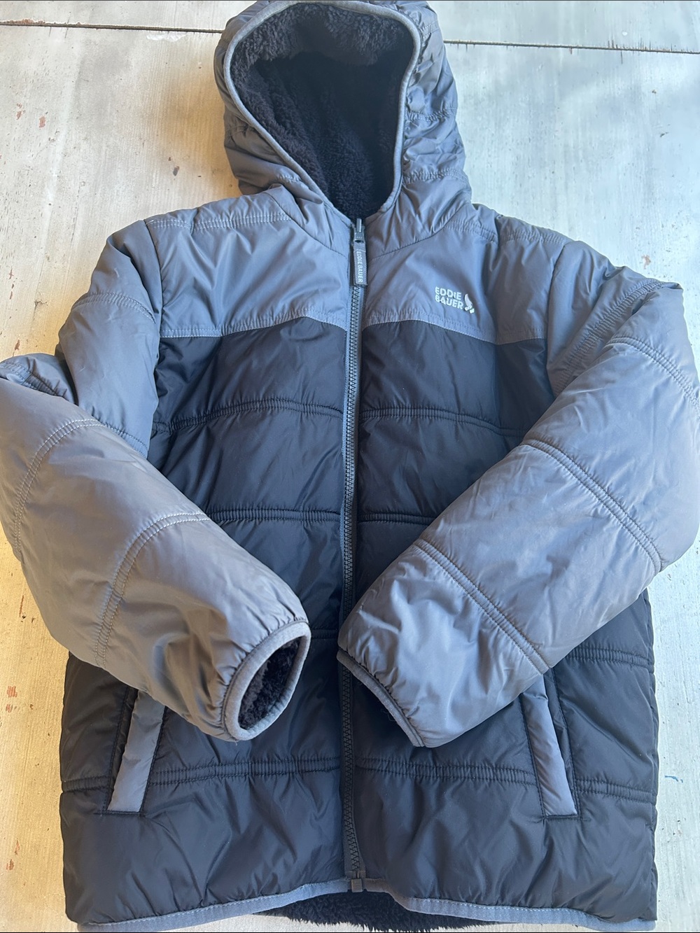 Eddie Bauer Gray and Black Hooded Puffer Jacket - Kids